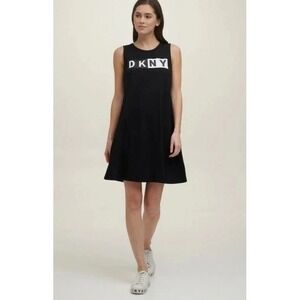 GOLD LOGO NWT Women's DKNY Black Crew Neck Tank Midi Dress w/ Logo, size small S